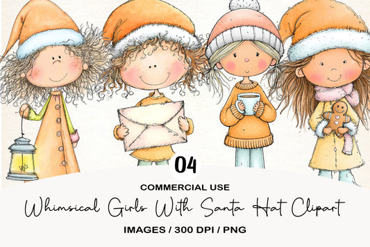 Whimsical Christmas Girls PNG | Santa Hat Girl Clipart | 4 PNG