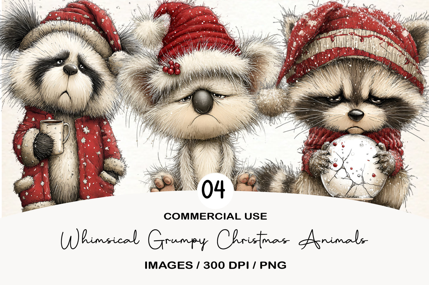 Whimsical Grumpy Christmas Animals Clipart PNG