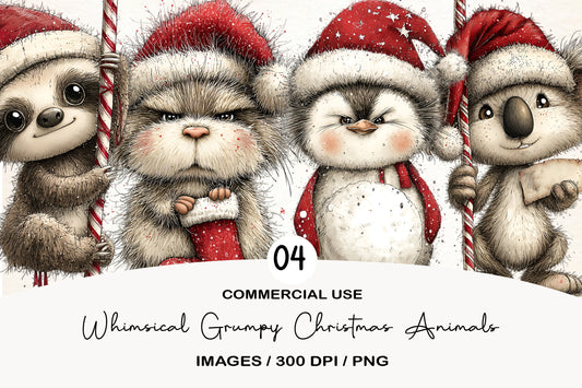 Whimsical Grumpy Christmas Animals Clipart PNG