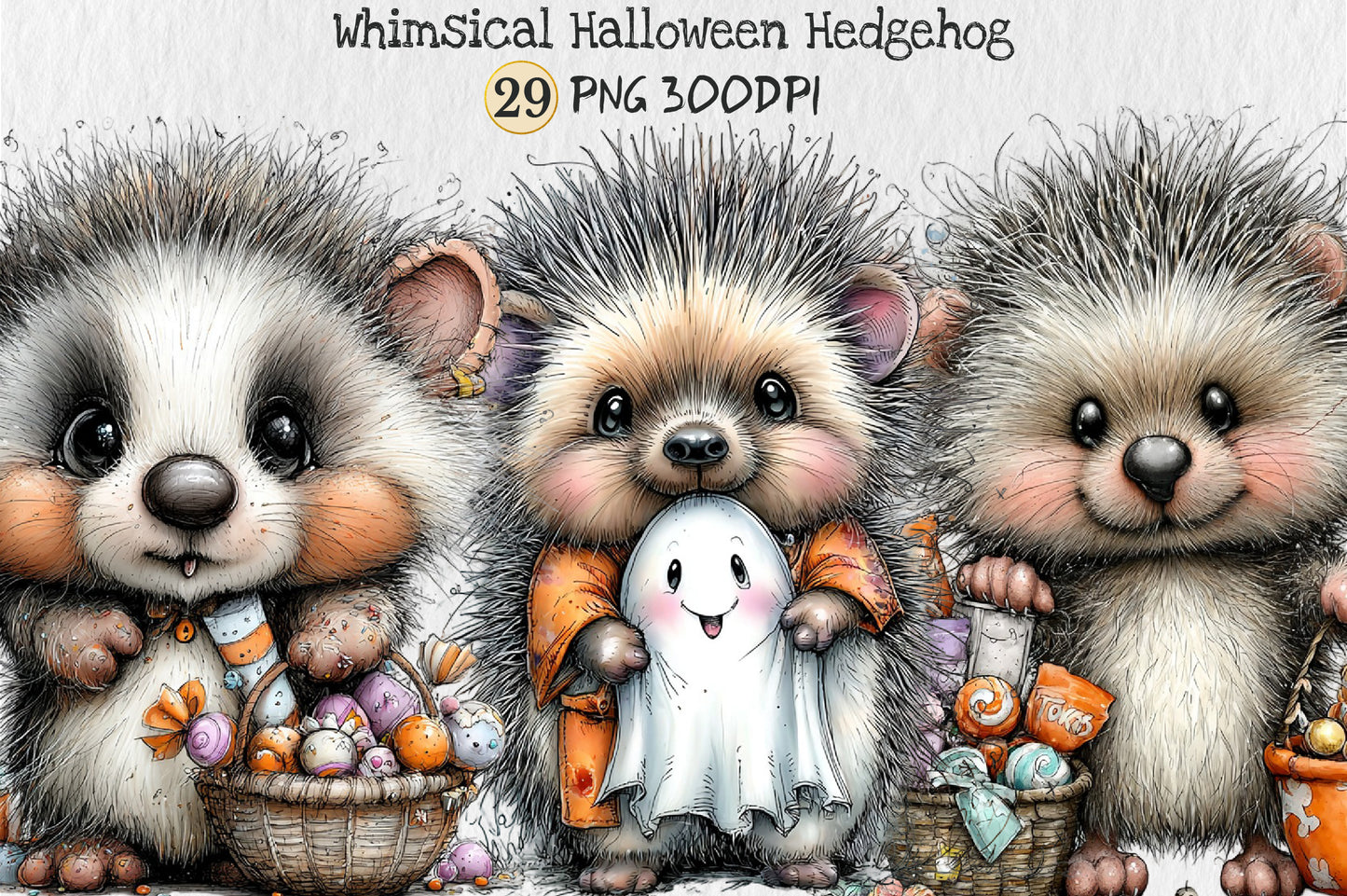 Whimsical Halloween Hedgehog PNG Cute Spooky Ghost Trick or Treat Clipart