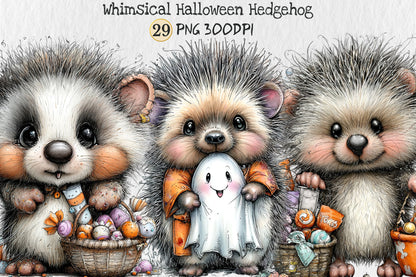Whimsical Halloween Hedgehog PNG Cute Spooky Ghost Trick or Treat Clipart