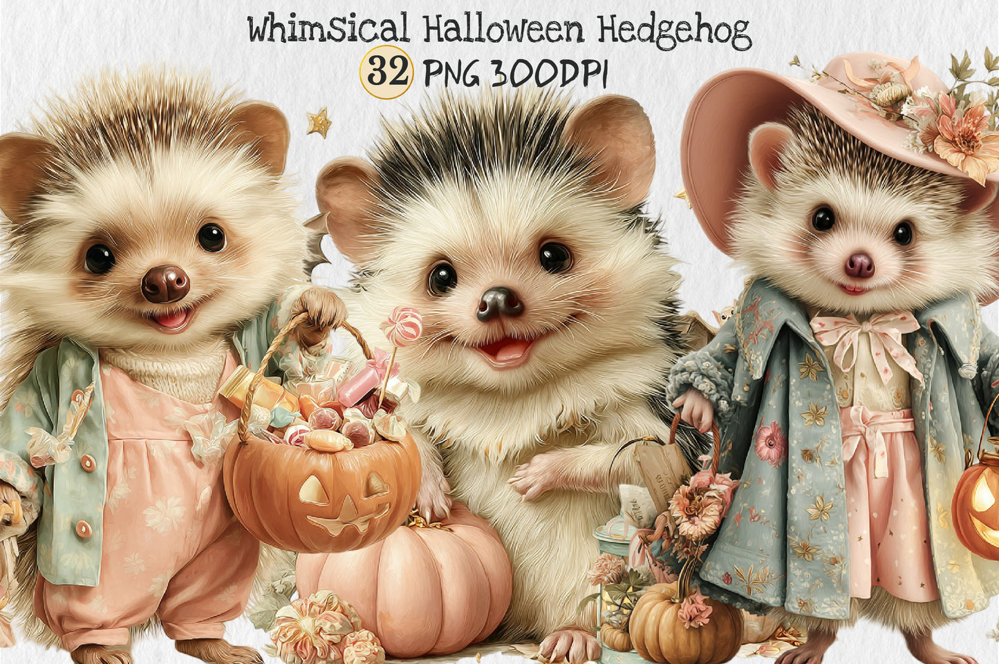 Whimsical Halloween Hedgehog PNG Bundle Cute Autumn Animal Clipart
