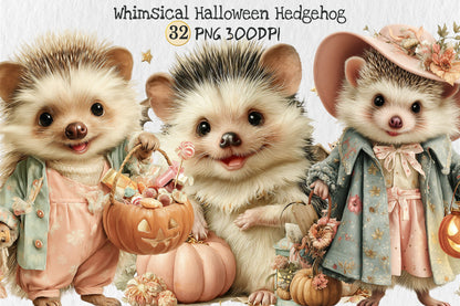 Whimsical Halloween Hedgehog PNG Bundle Cute Autumn Animal Clipart