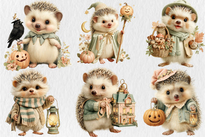 Whimsical Halloween Hedgehog PNG Bundle Cute Autumn Animal Clipart