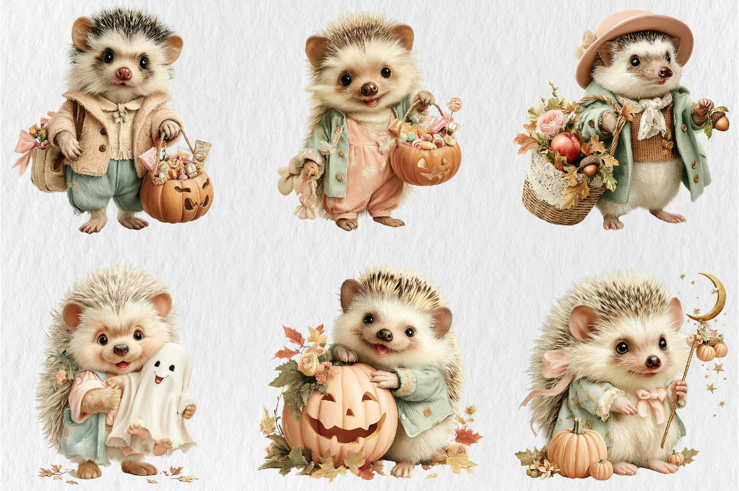 Whimsical Halloween Hedgehog PNG Bundle Cute Autumn Animal Clipart