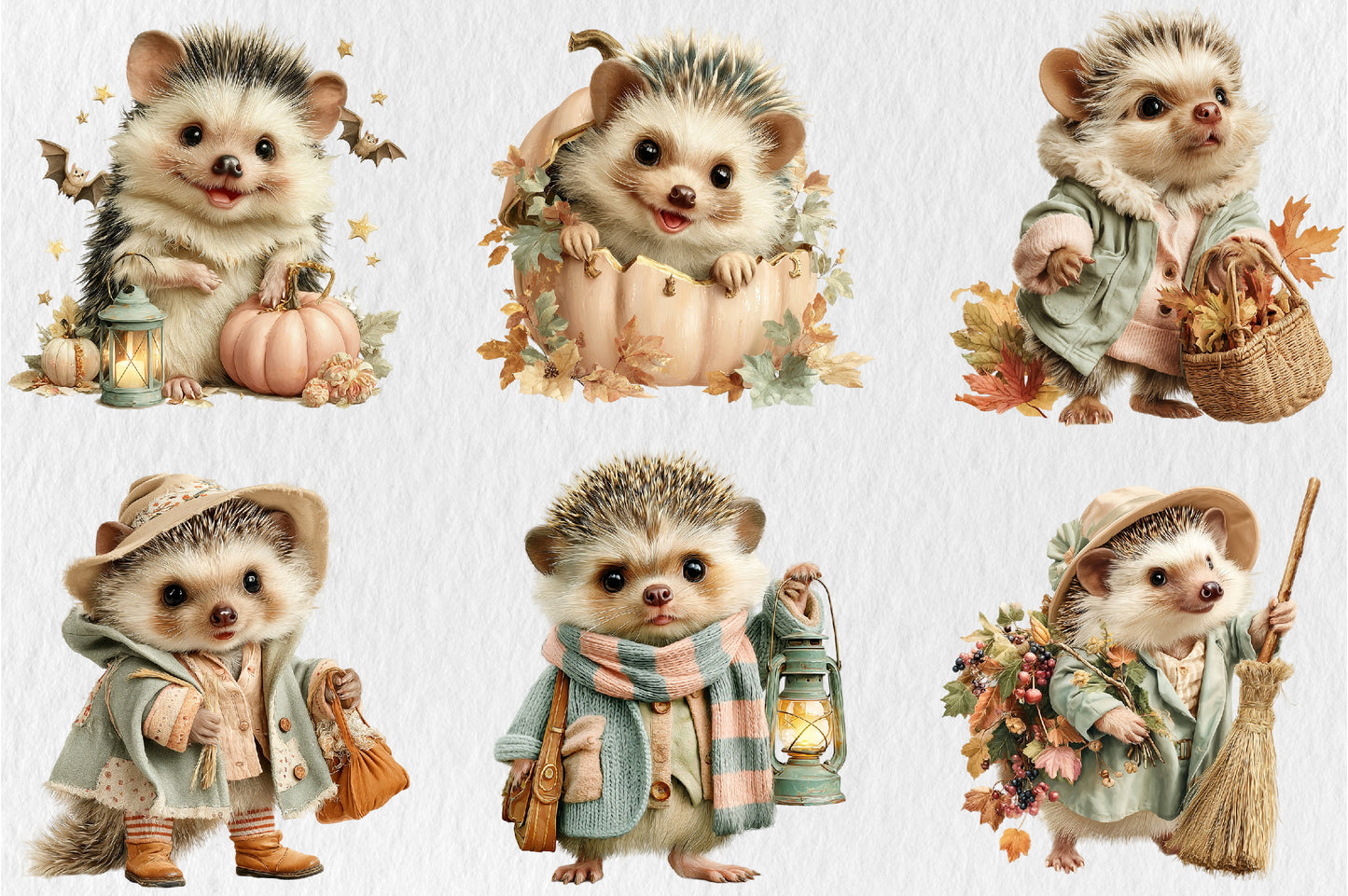 Whimsical Halloween Hedgehog PNG Bundle Cute Autumn Animal Clipart