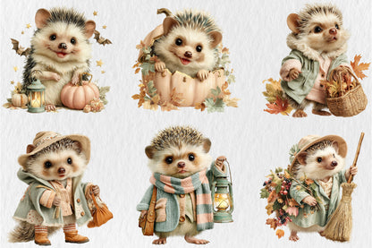 Whimsical Halloween Hedgehog PNG Bundle Cute Autumn Animal Clipart