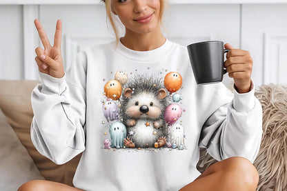 Whimsical Halloween Hedgehog PNG Cute Spooky Ghost Trick or Treat Clipart
