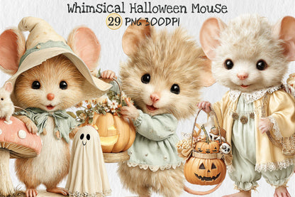 Whimsical Halloween Mouse PNG Bundle Cute Spooky Animal Clipart
