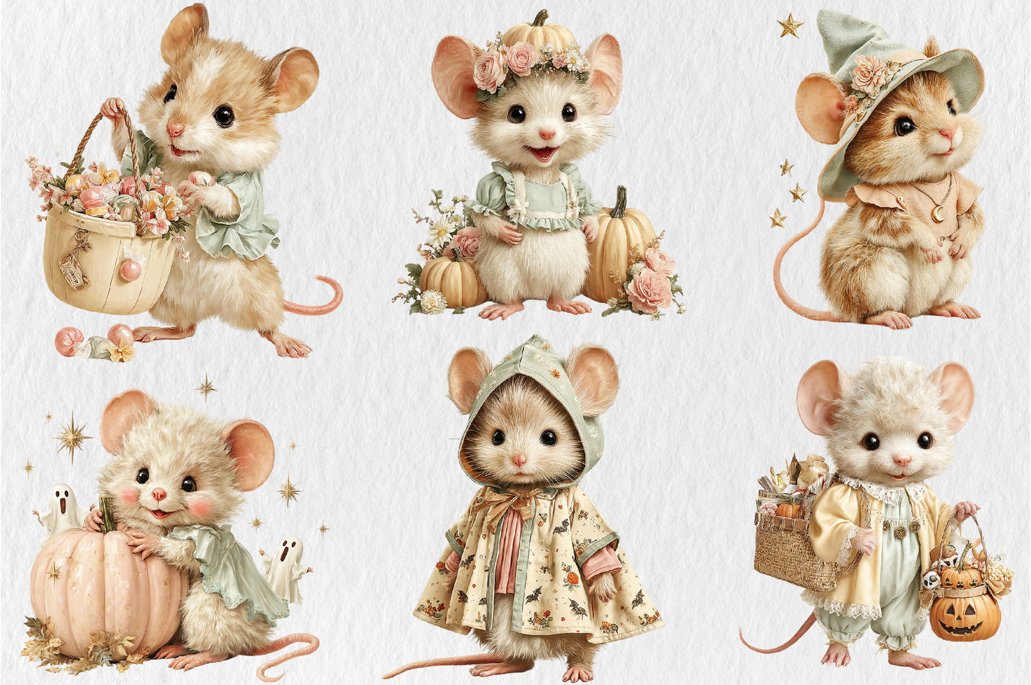 Whimsical Halloween Mouse PNG Bundle Cute Spooky Animal Clipart