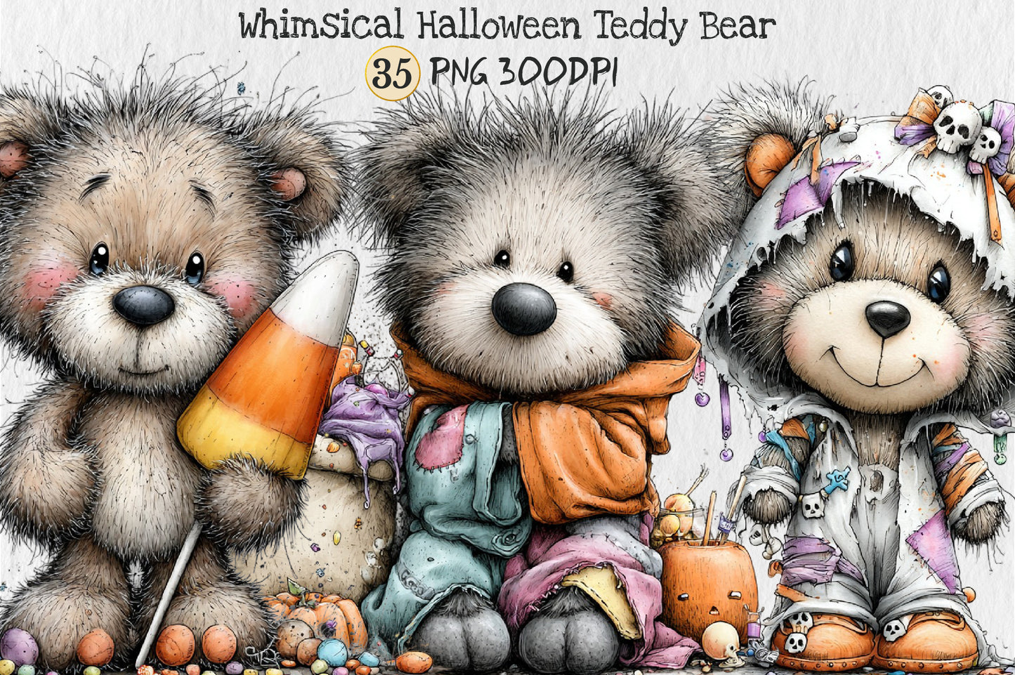 Whimsical Halloween Teddy Bear PNG Cute Spooky Trick or Treat Clipart