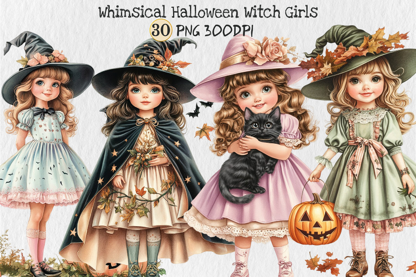 Whimsical Halloween Witch Girls PNG Bundle Cute Spooky Girl Clipart
