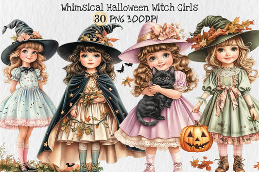 Whimsical Halloween Witch Girls PNG Bundle Cute Spooky Girl Clipart
