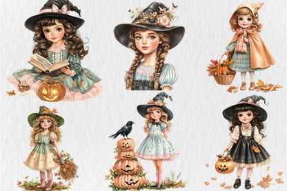 Whimsical Halloween Witch Girls PNG Bundle Cute Spooky Girl Clipart