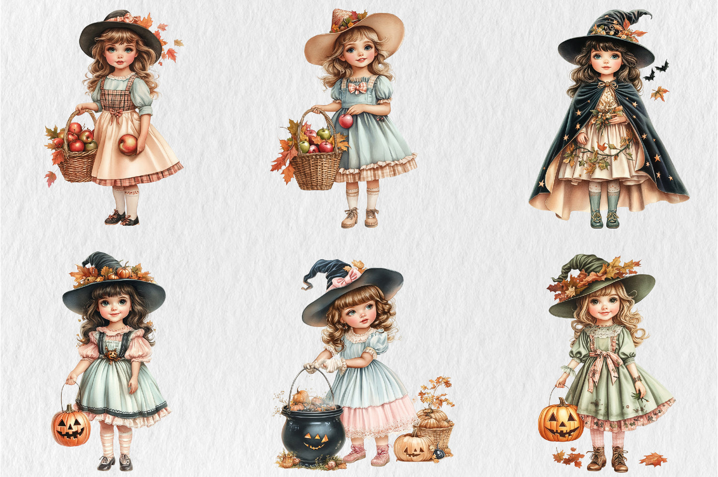 Whimsical Halloween Witch Girls PNG Bundle Cute Spooky Girl Clipart