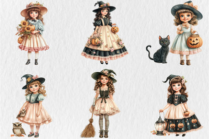 Whimsical Halloween Witch Girls PNG Bundle Cute Spooky Girl Clipart