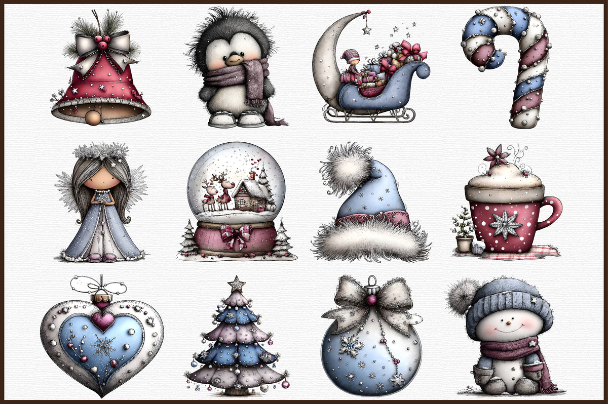 Whimsical Icy Blue Christmas Clipart Cute Winter PNG Bundle