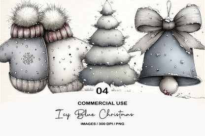 Whimsical Icy Blue Christmas Clipart PNG Bundle | Watercolor Winter Holiday Clipart | Elegant Blue Christmas PNG