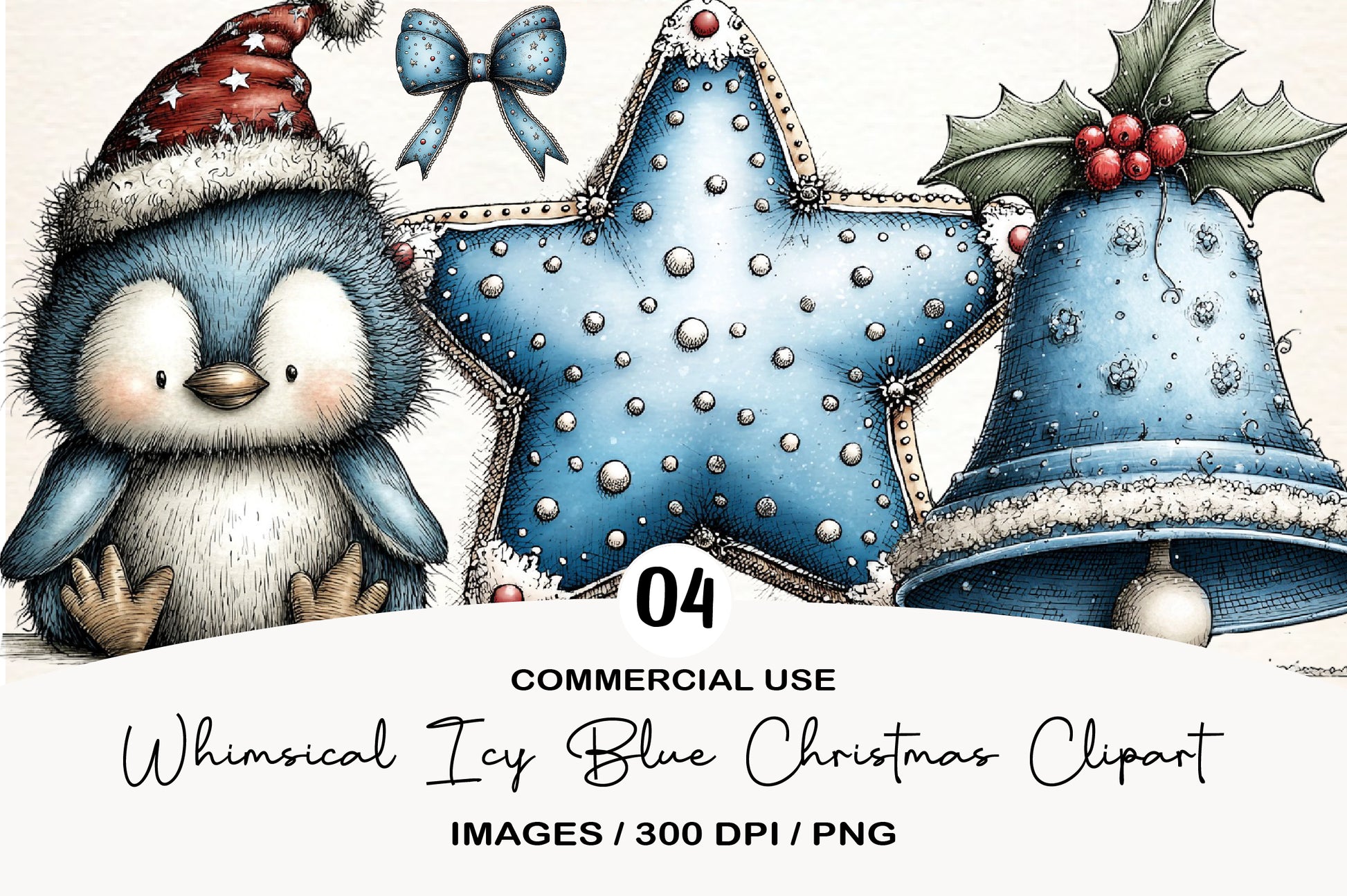 Icy Blue Christmas Clipart PNG | Blue Christmas Penguin & Star | 4 PNG