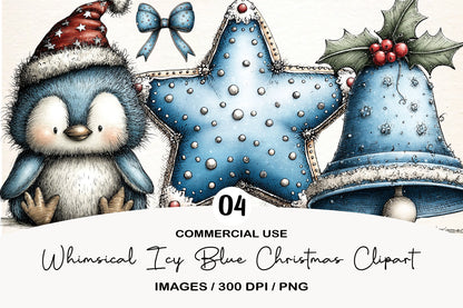 Icy Blue Christmas Clipart PNG | Blue Christmas Penguin & Star | 4 PNG
