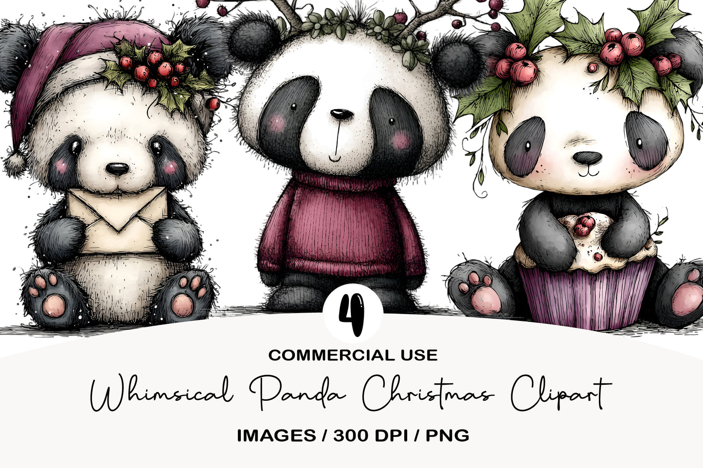 Whimsical Panda Christmas Clipart PNG Bundle | Cute Watercolor Holiday Panda Clipart | Festive Winter Panda PNG
