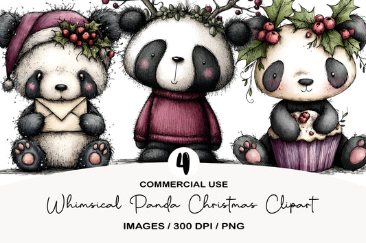 Whimsical Panda Christmas Clipart PNG Bundle | Cute Watercolor Holiday Panda Clipart | Festive Winter Panda PNG