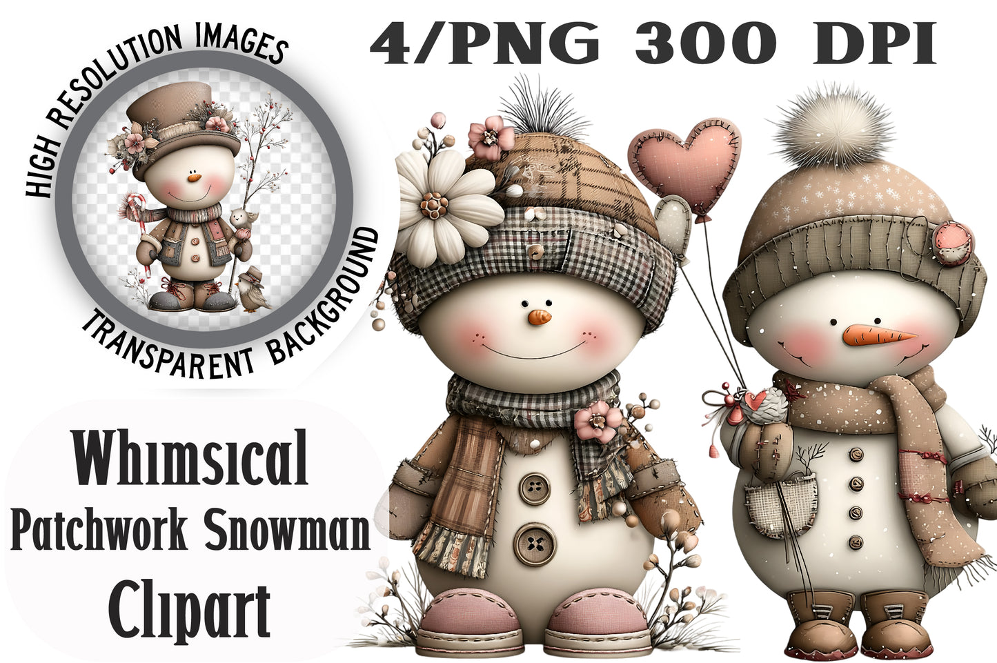 Whimsical Patchwork Snowman Clipart PNG Bundle | Cute Watercolor Quilted Snowman Clipart