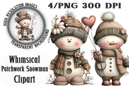 Whimsical Patchwork Snowman Clipart PNG Bundle | Cute Watercolor Quilted Snowman Clipart