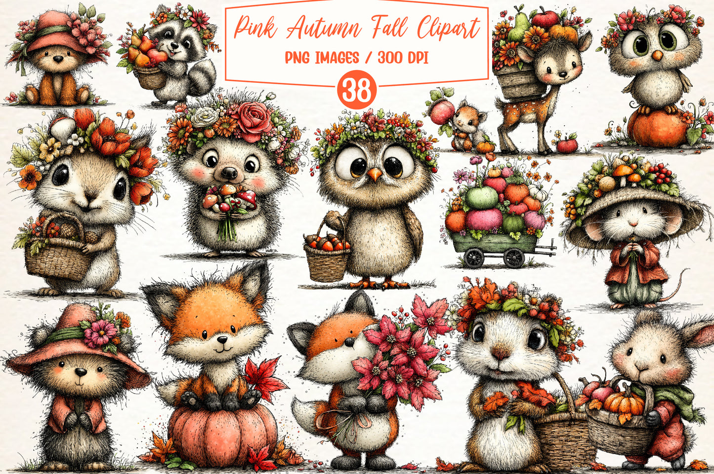 Pink Autumn Fall Clipart PNG Bundle | Cute Woodland Animals, Floral Harvest & Whimsical Fall Graphics