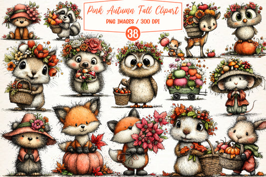 Pink Autumn Fall Clipart PNG Bundle | Cute Woodland Animals, Floral Harvest & Whimsical Fall Graphics