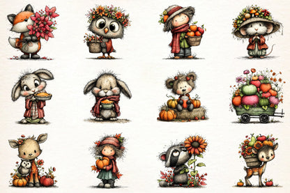 Pink Autumn Fall Clipart PNG Bundle | Cute Woodland Animals, Floral Harvest & Whimsical Fall Graphics