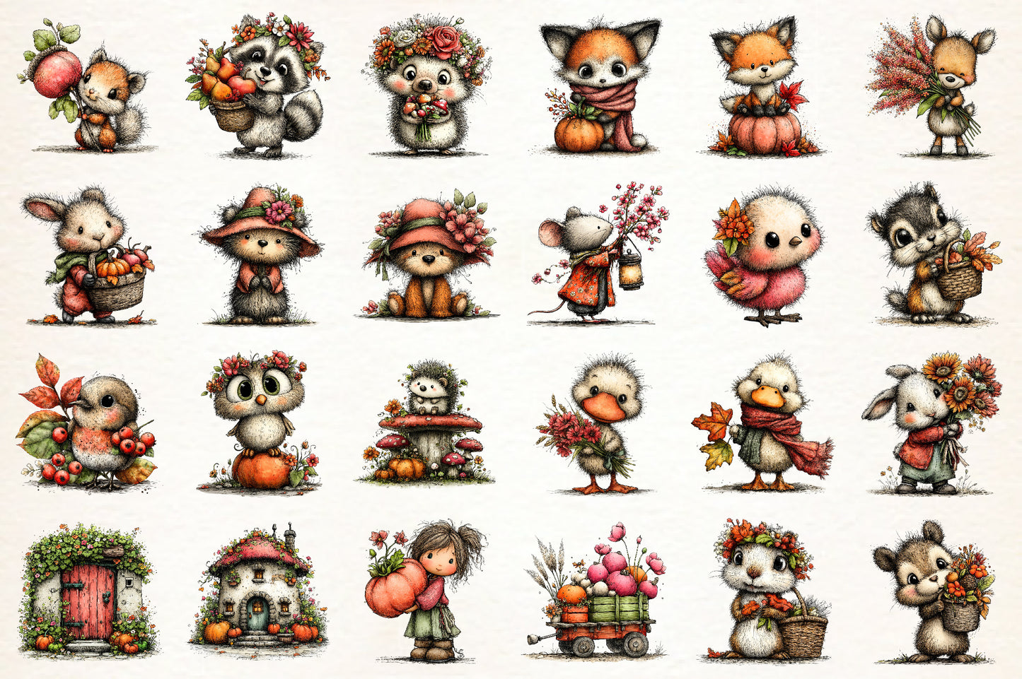 Pink Autumn Fall Clipart PNG Bundle | Cute Woodland Animals, Floral Harvest & Whimsical Fall Graphics