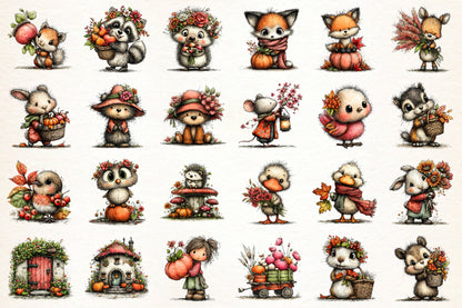 Pink Autumn Fall Clipart PNG Bundle | Cute Woodland Animals, Floral Harvest & Whimsical Fall Graphics