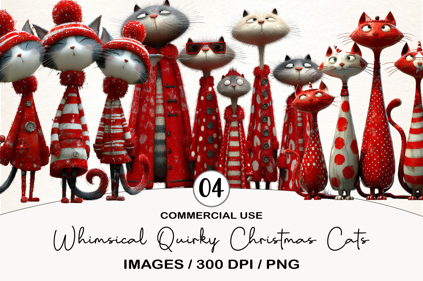 Whimsical Quirky Christmas Cats Clipart PNG