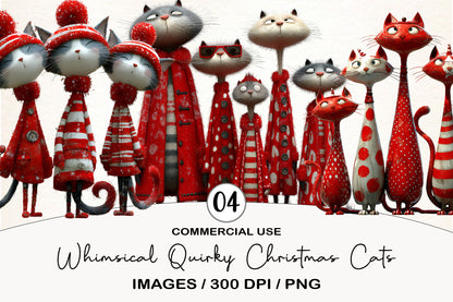 Whimsical Quirky Christmas Cats Clipart PNG