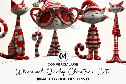 Whimsical Quirky Christmas Cats Clipart PNG
