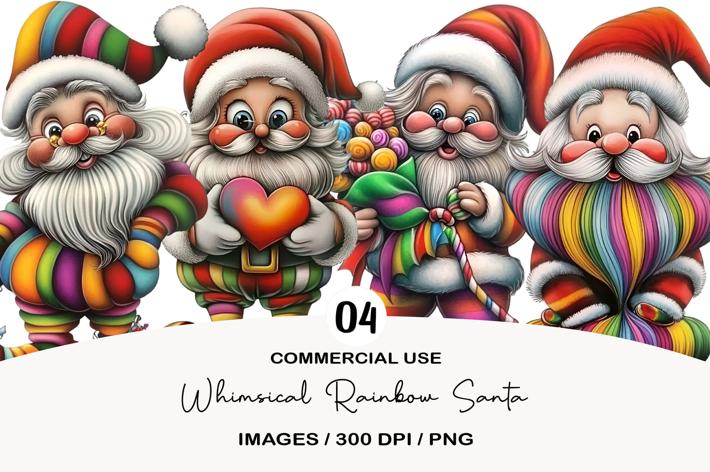 Whimsical Rainbow Santa Clipart PNG Bundle | Cute Watercolor Rainbow Santa Claus Clipart | Pastel Christmas Santa PNG
