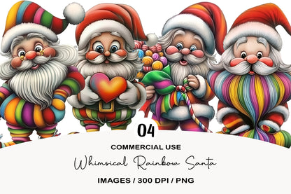 Whimsical Rainbow Santa Clipart PNG Bundle | Cute Watercolor Rainbow Santa Claus Clipart | Pastel Christmas Santa PNG