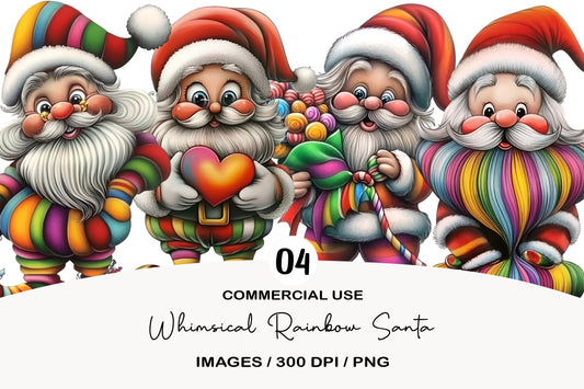 Whimsical Rainbow Santa Clipart PNG Bundle | Cute Watercolor Rainbow Santa Claus Clipart | Pastel Christmas Santa PNG