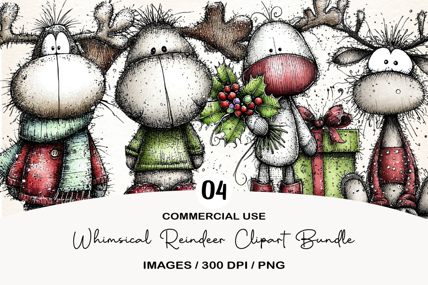 Whimsical Reindeer Clipart Bundle | Cute Watercolor Christmas Reindeer PNG | Festive Holiday Deer