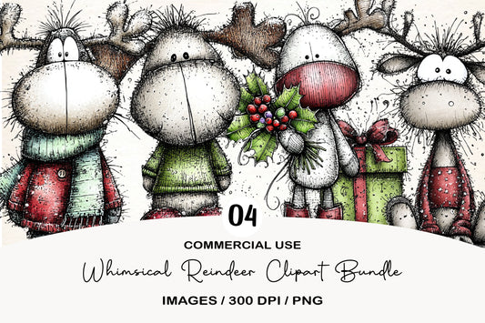 Whimsical Reindeer Clipart Bundle | Cute Watercolor Christmas Reindeer PNG | Festive Holiday Deer