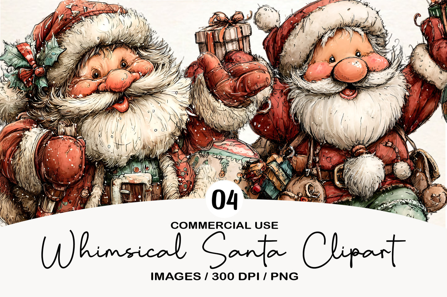 Whimsical Santa Clipart PNG Bundle | Cute Watercolor Santa Claus Christmas Clipart