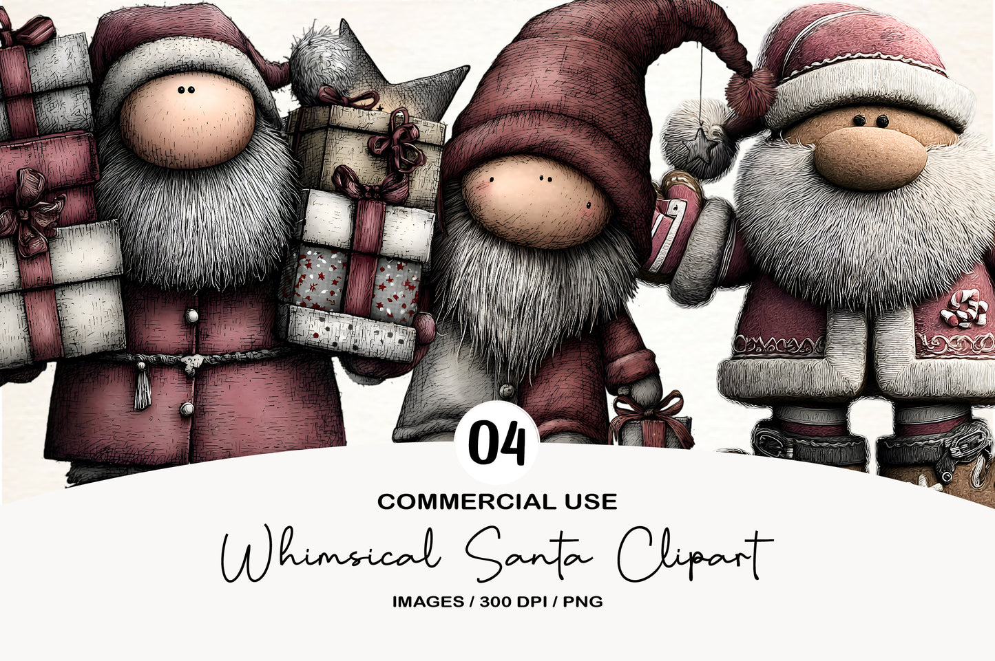 Whimsical Santa Clipart PNG Bundle | Cute Watercolor Santa Claus Clipart | Festive Holiday Santa PNG