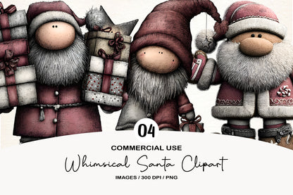 Whimsical Santa Clipart PNG Bundle | Cute Watercolor Santa Claus Clipart | Festive Holiday Santa PNG