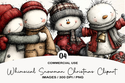 Whimsical Snowman Christmas Clipart PNG Bundle | Cute Watercolor Holiday Snowman Clipart