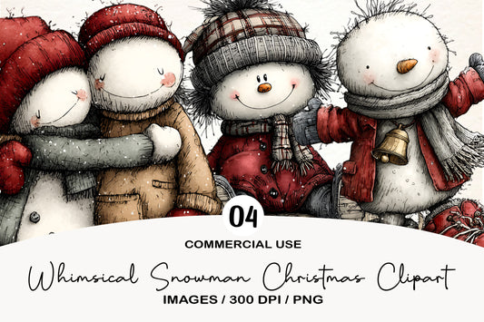 Whimsical Snowman Christmas Clipart PNG Bundle | Cute Watercolor Holiday Snowman Clipart