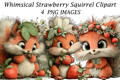 Whimsical Strawberry Squirrel Clipart | Cute Watercolor Squirrel PNG
