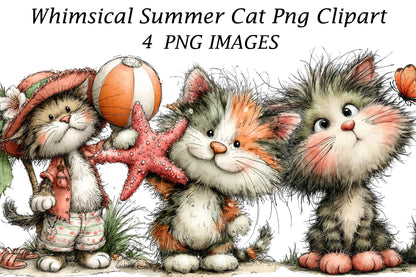 Whimsical Summer Cat PNG Clipart | Cute Watercolor Cat Bundle