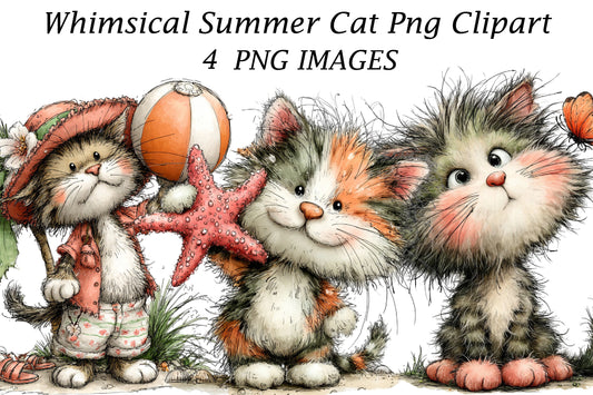 Whimsical Summer Cat PNG Clipart | Cute Watercolor Cat Bundle