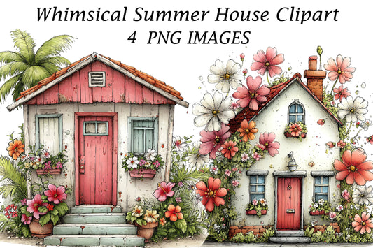 Whimsical Summer House Clipart | Watercolor Beach Cottage PNG